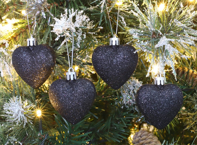 Christmas ConceptsÂ® Pack of 8-60mm Heart Shaped Christmas Tree Baubles â€“ Glitter Decorated Baubles (Black) - Image 2